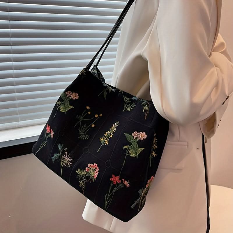 Retro Canvas Tote Bag – Floral Embroidery, Large Capacity