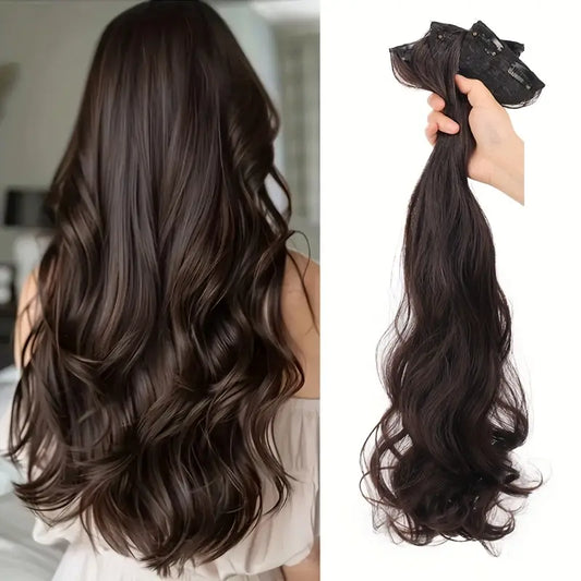 Volumizing Curly Hair Extensions for Women – Three-Piece Seamless Wavy Wig Set (Dark Brown)