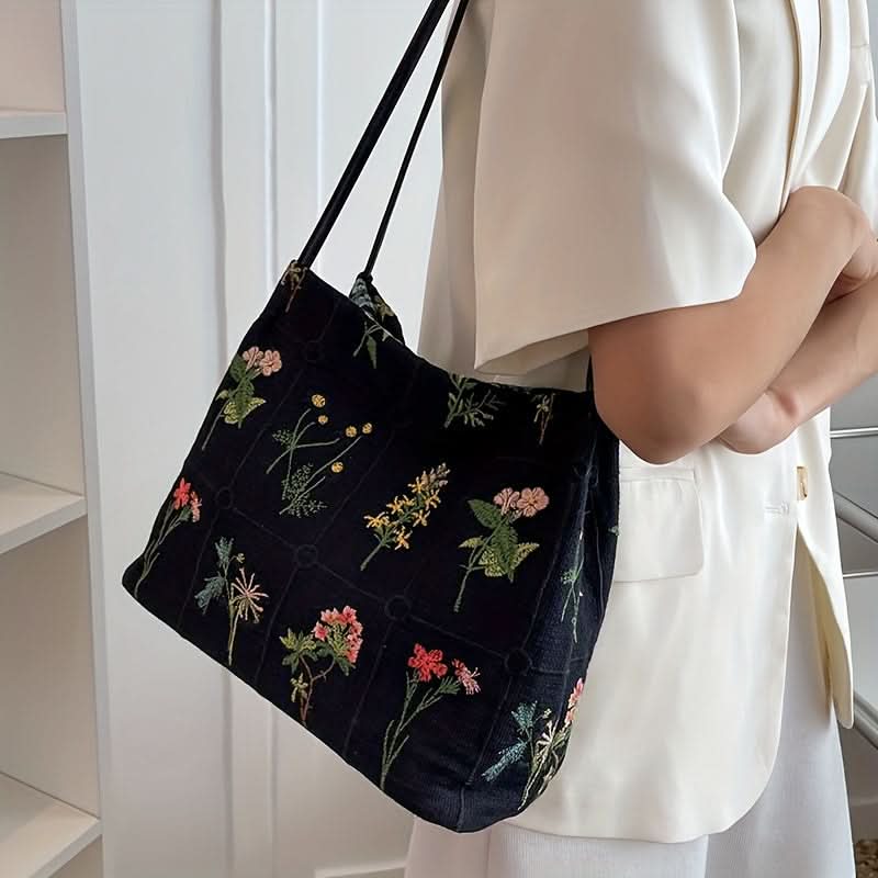 Retro Canvas Tote Bag – Floral Embroidery, Large Capacity
