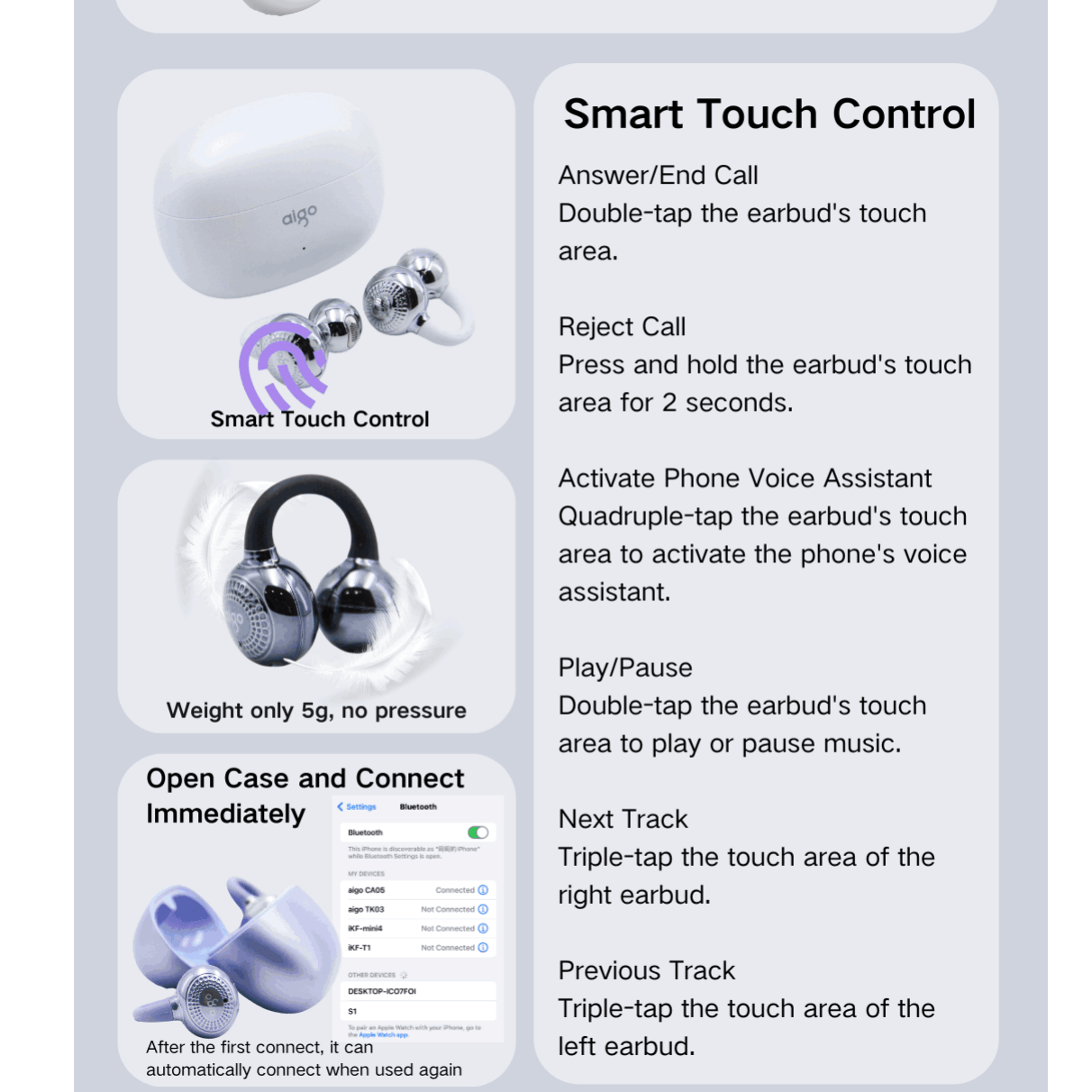 Open Design Ear Clip Earbuds, 52H Playback, Waterproof, Noise Reduction