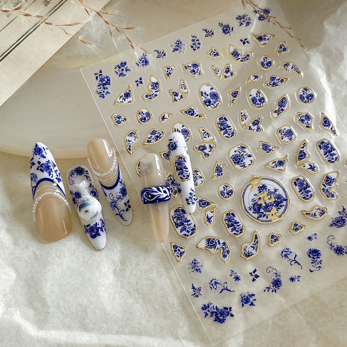 5pcs Blue & White Porcelain Nail Stickers
