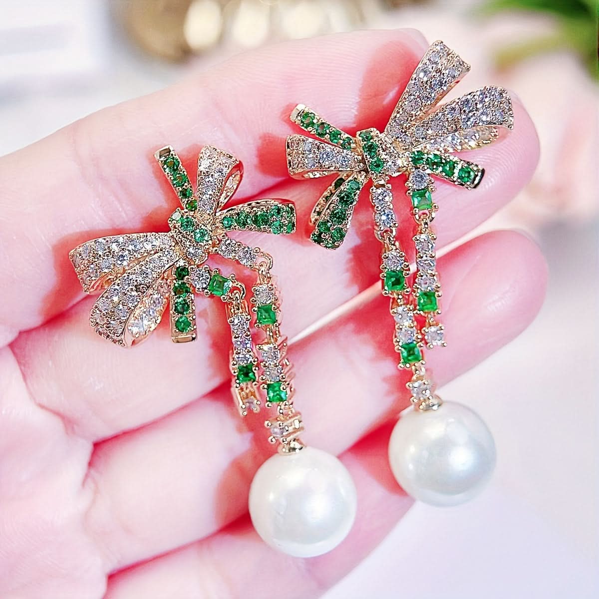 Faux Pearl Bow Dangle Earrings with Zircon
