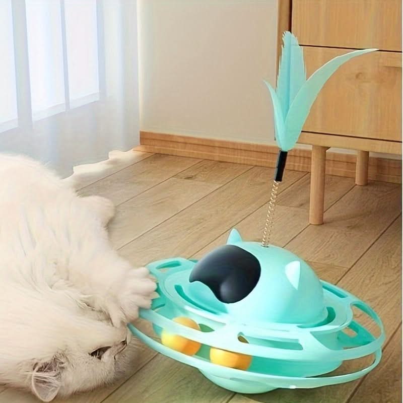 Interactive UFO Cat Toy with Feather Teaser– Non-Tipping Self-Play Pet Toy