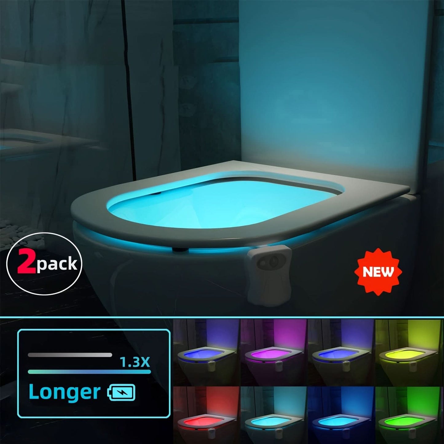 2-Pack 16-Color Motion Sensor Toilet Seat Light