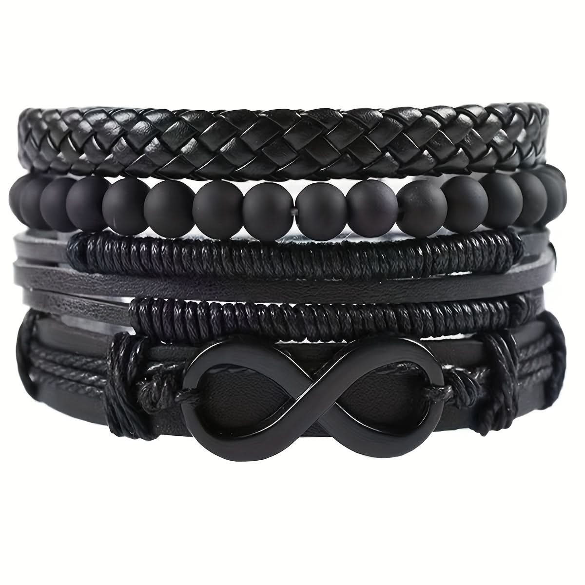 Men's Leather Bracelet Set – 4-Piece Multi-Layer