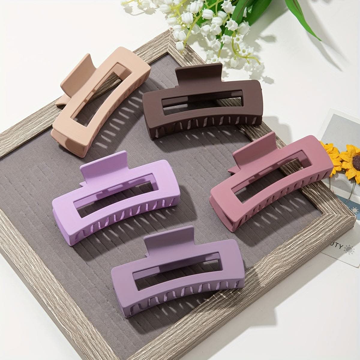5pcs Solid Color Hollow Out Rectangular Hair Claw Clips