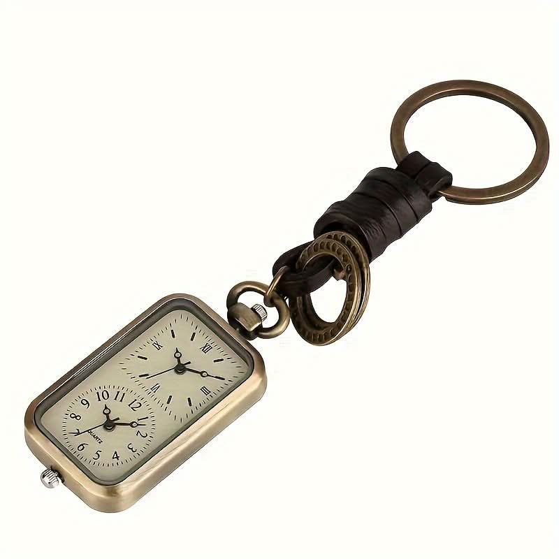 Vintage Dual Time Zone Quartz Pocket Watch Keychain – Rectangle Dial