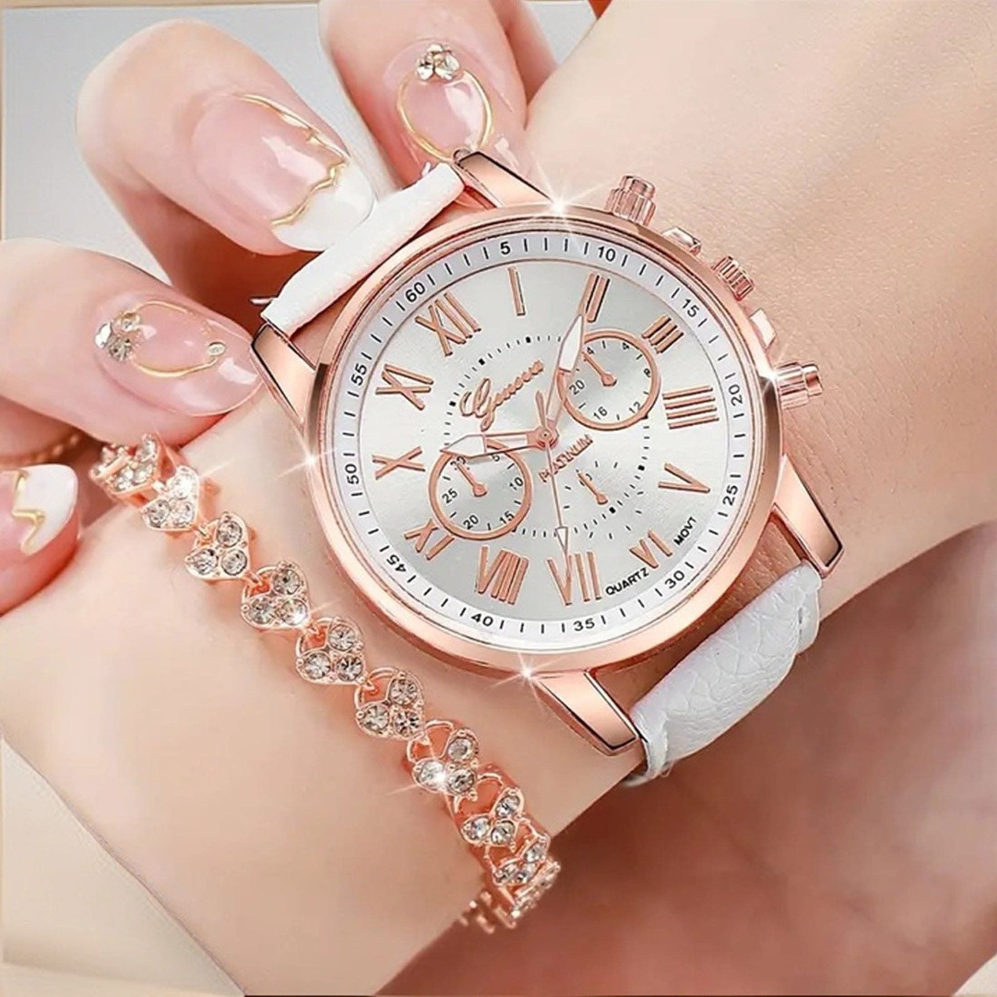 2pcs Women's Casual Round Quartz Watch & Rhinestone Bracelet Set