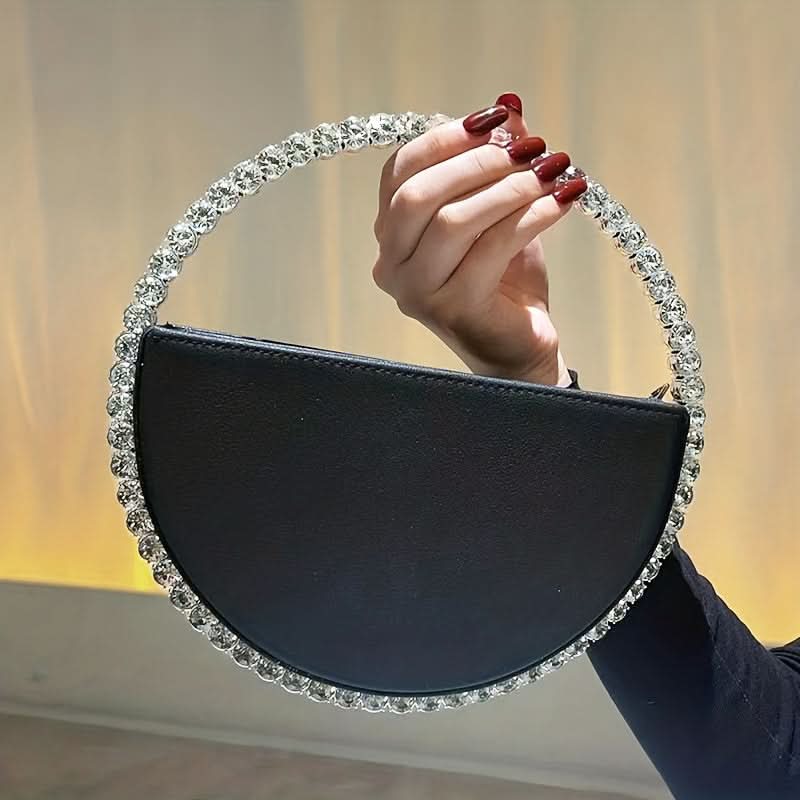 Rhinestone Ring Evening Clutch, White Faux Leather