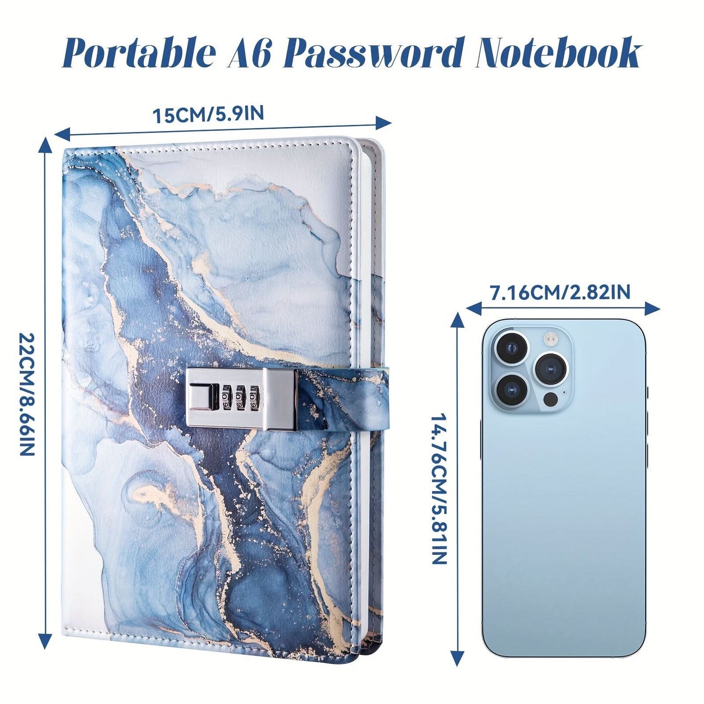 A6 Lockable Diary Notebook with Combination Lock – Blue Marble Wooden Cover