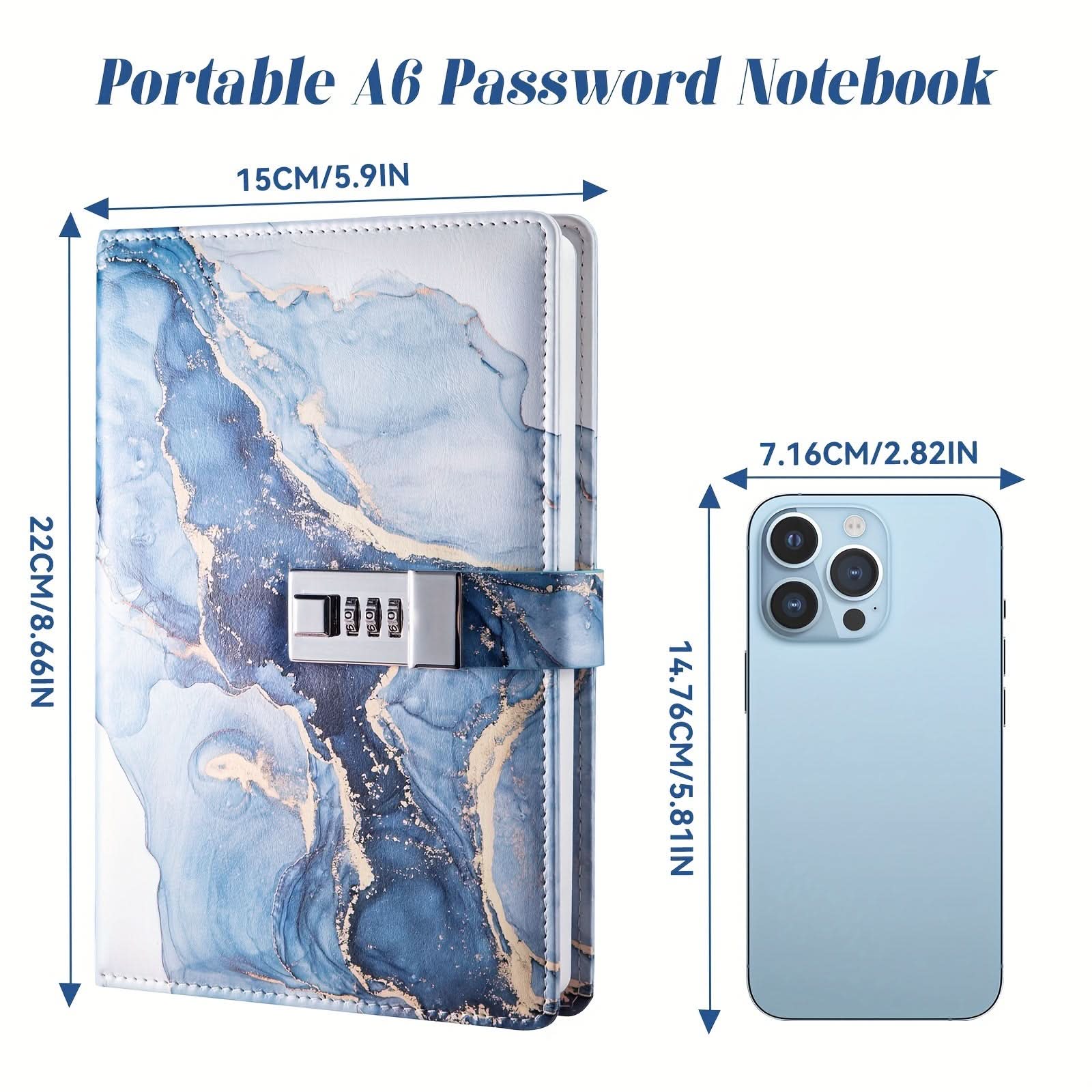 A6 Lockable Diary Notebook with Combination Lock – Blue Marble Wooden Cover