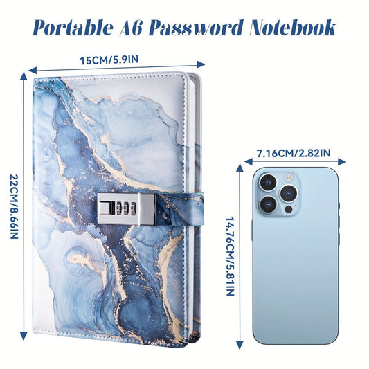 A6 Lockable Diary Notebook with Combination Lock – Blue Marble Wooden Cover