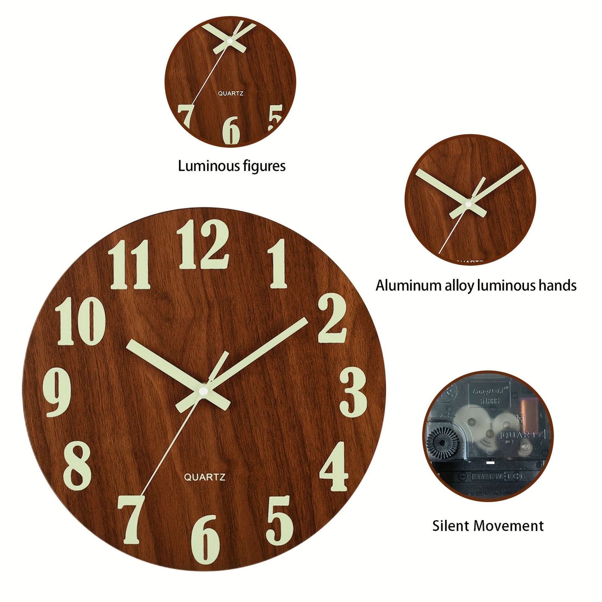 12-Inch Silent Glow-in-the-Dark Wooden Wall Clock