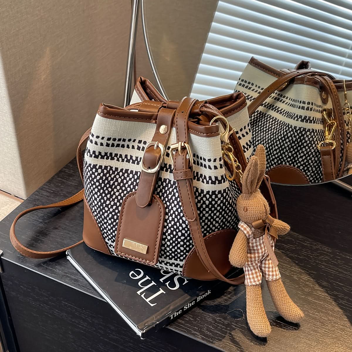 Women's Mini Contrast Color Canvas Shoulder Bag with Bunny Pendant