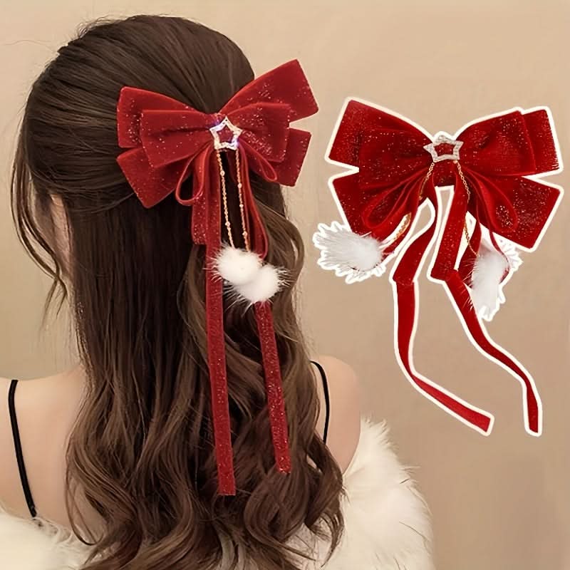 Christmas Plush Bow Hair Clip with Star Charm