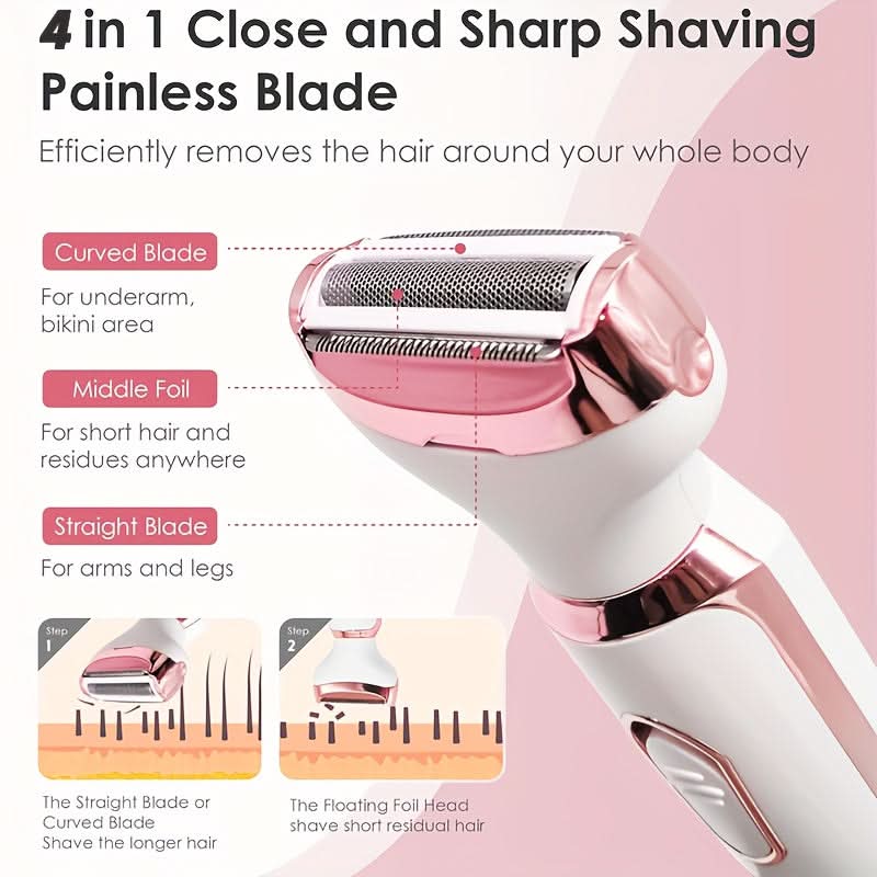 4-in-1 Electric Hair Remover for Women – USB Rechargeable Trimmer Facial, Bikini, Nose & Body Grooming Kit