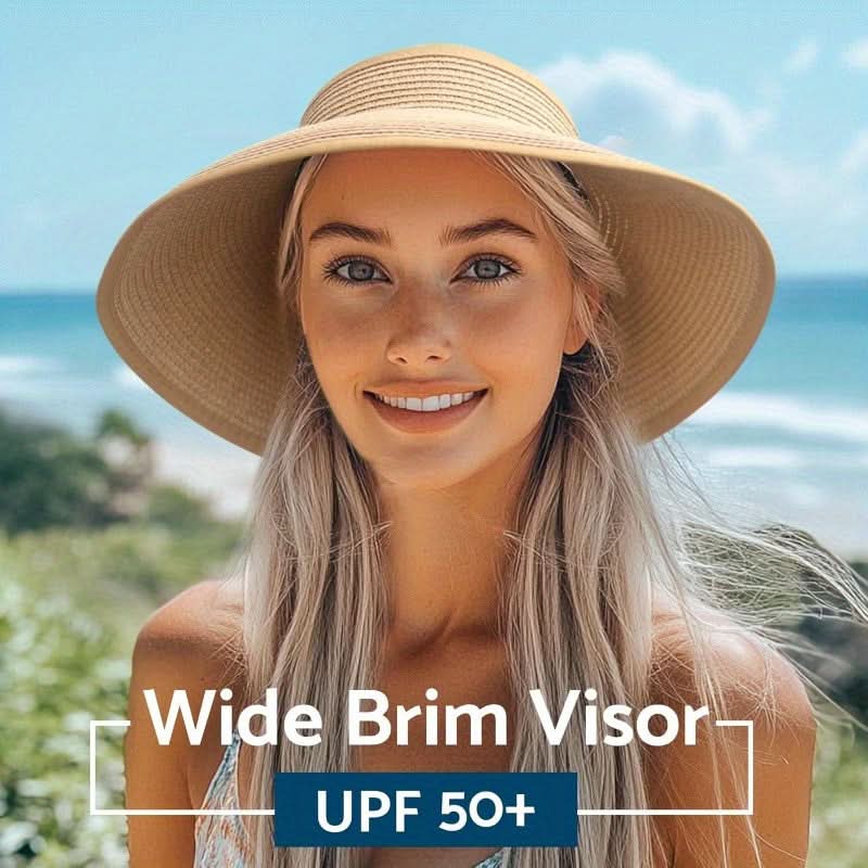 Women’s Wide Brim Straw Sun Hat with Ponytail Hole – Foldable