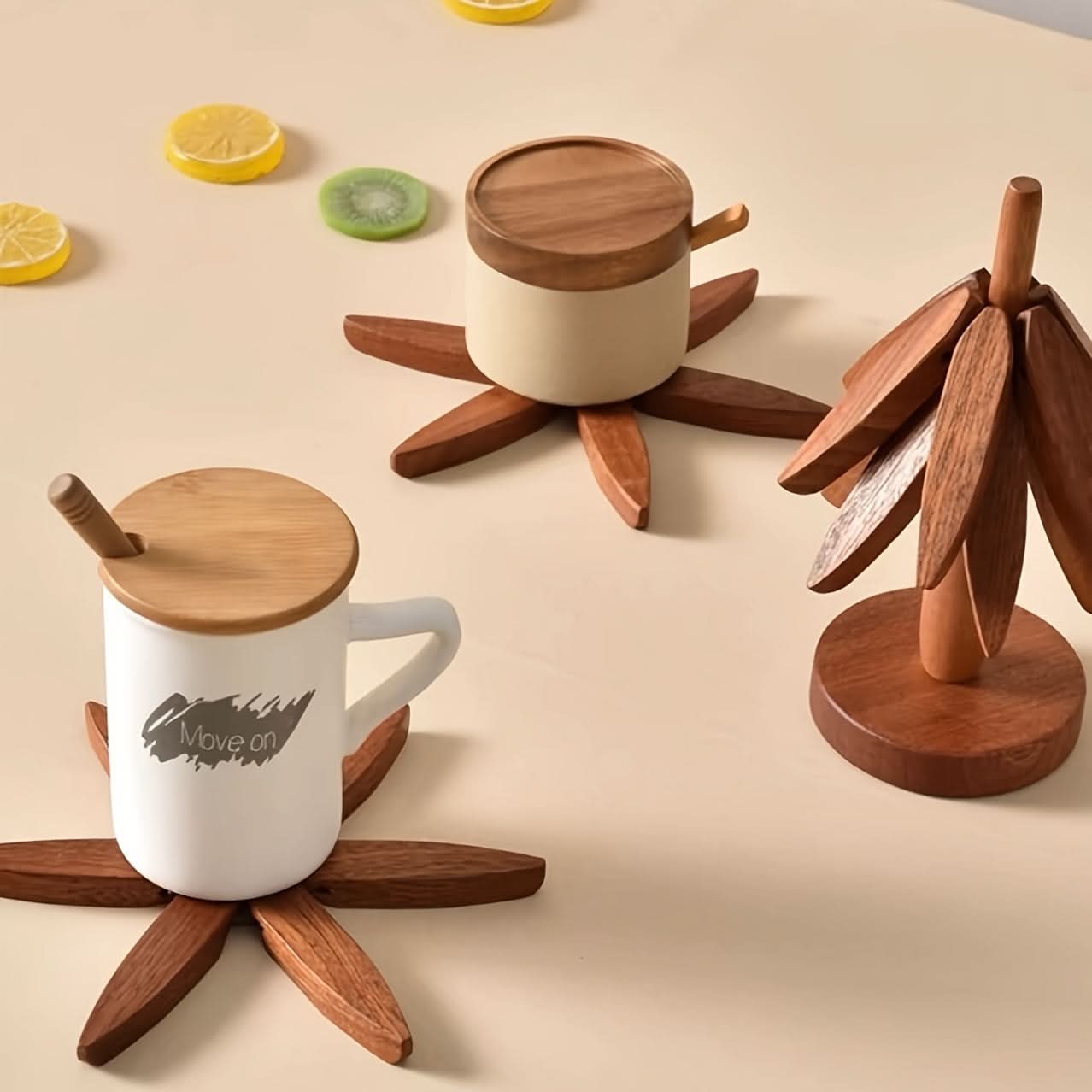 Wooden Tree-Shaped Tripod Coaster Set