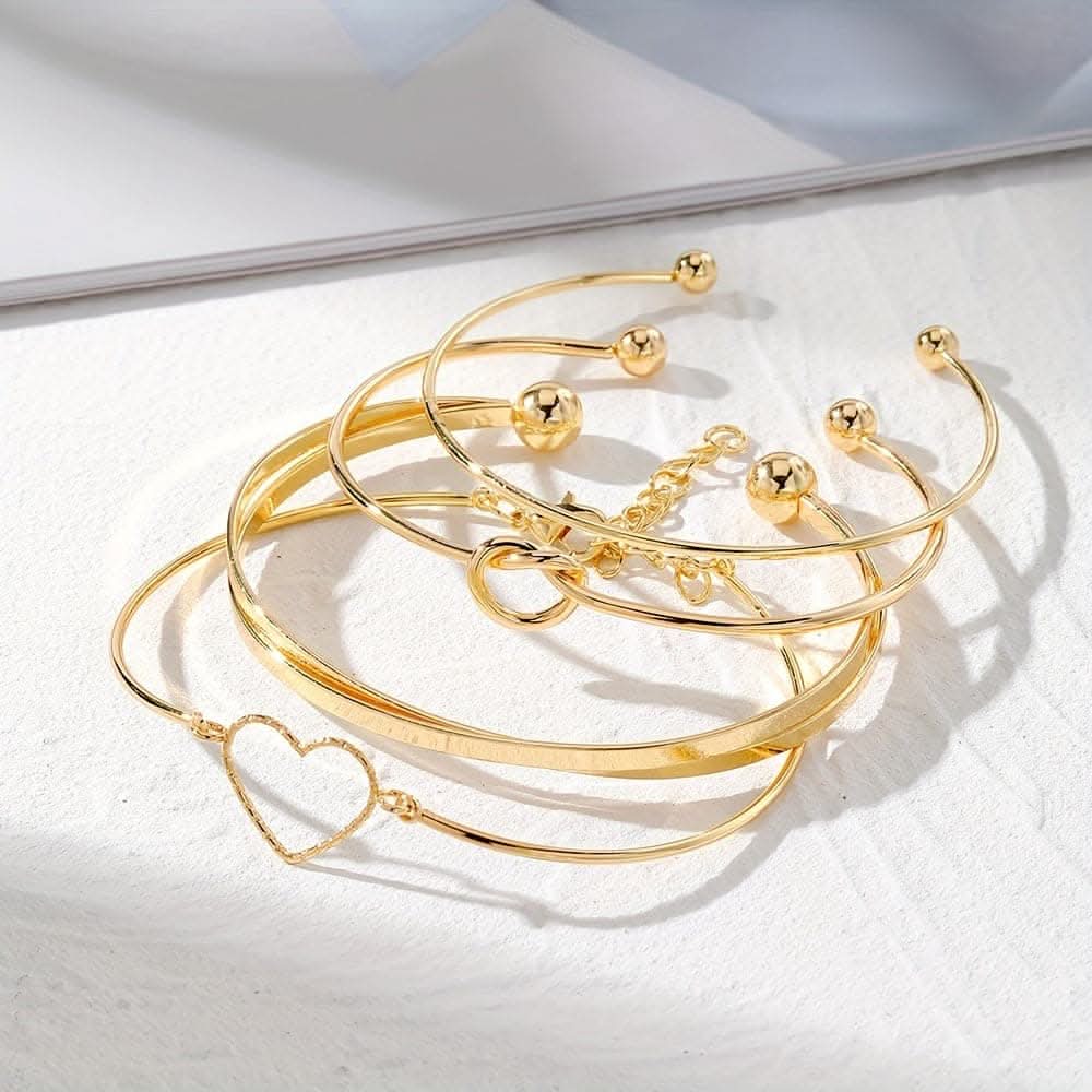 4pcs Golden Knotted Love Cuff Bangle Set – Stackable Alloy Bracelets