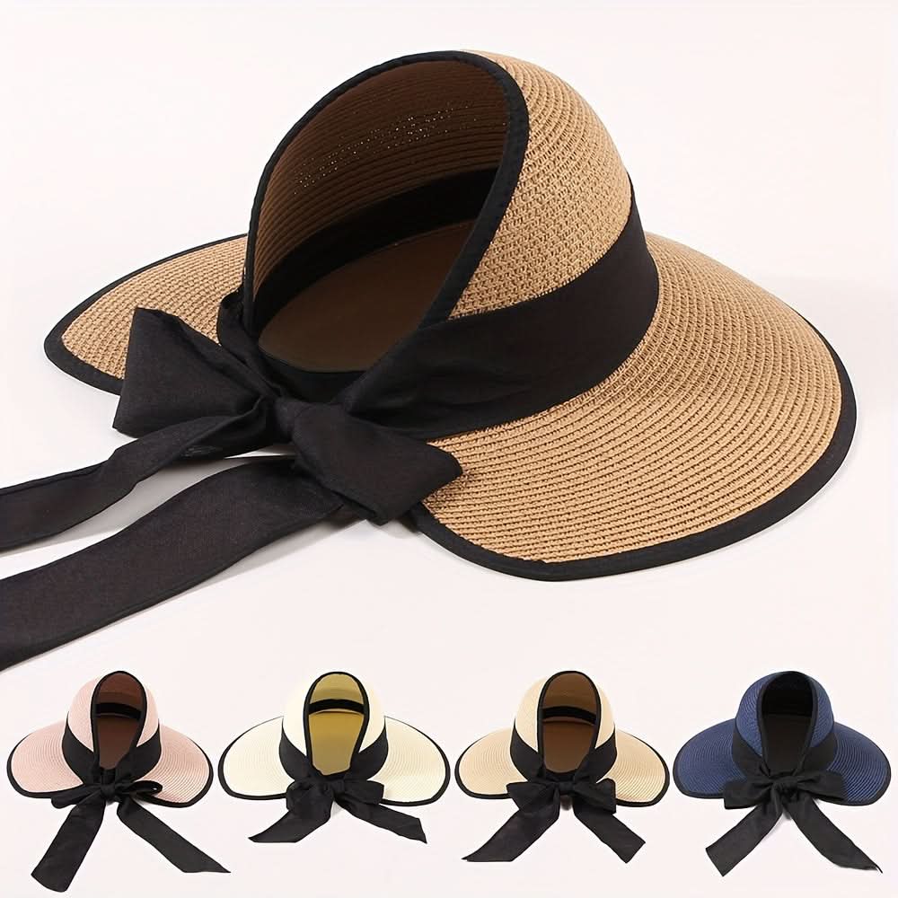Women's Straw Sun Visor Hat with Ponytail Hole – Beach Cap with Bow