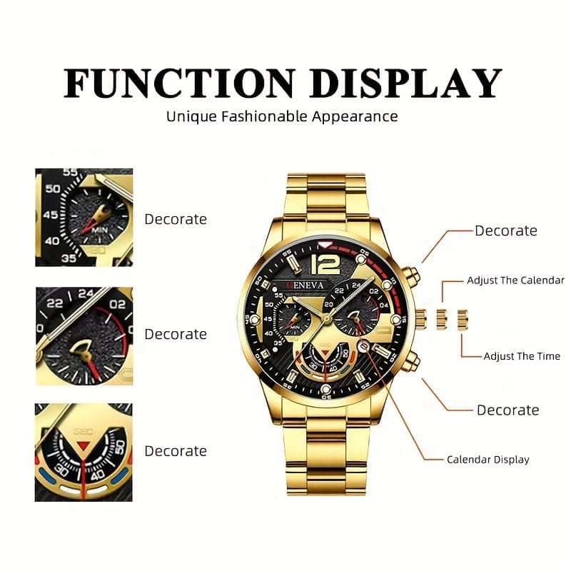 3pcs Set: Men's Calendar Watch, Silvery Bracelet, and Cross Pendant Necklace