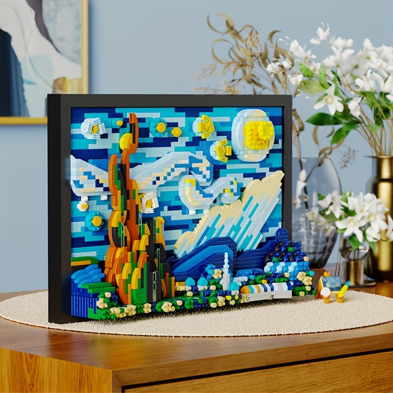 3D Starry Night Building Block Set – DIY Art Puzzle for Adults, ABS Small Bricks