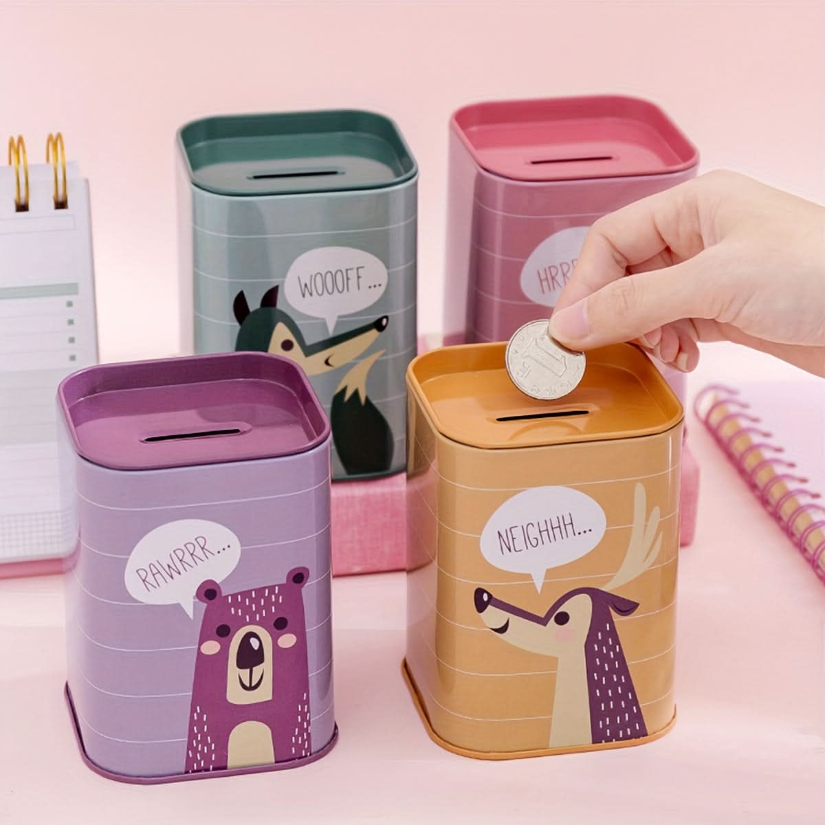 Cartoon Animal Square Iron Penny Bank – British Style Coin Storage for Baby Gifts