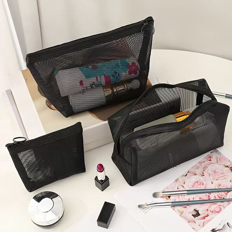 3-Piece Set Nylon Mesh Makeup Bags - Lightweight Travel Organizers