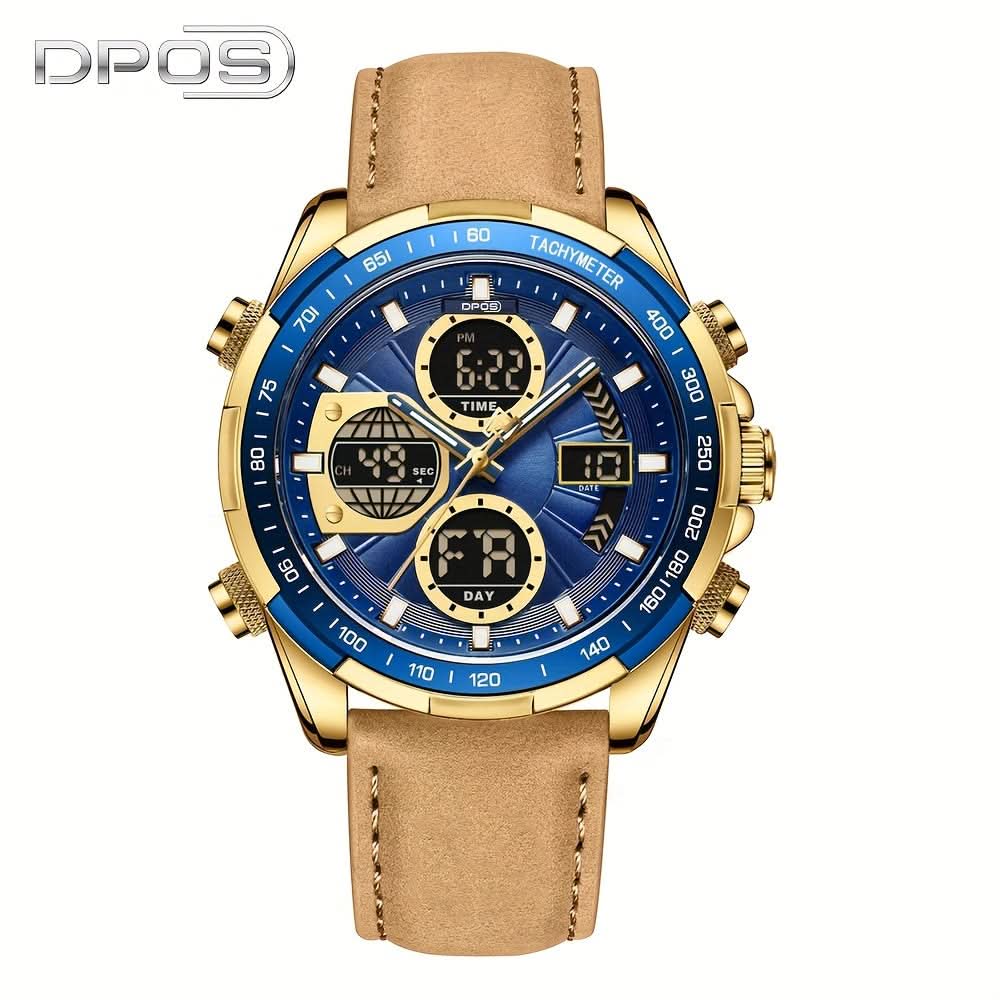 Men's Sports Dual Display Quartz Watch, Waterproof, Leather Strap