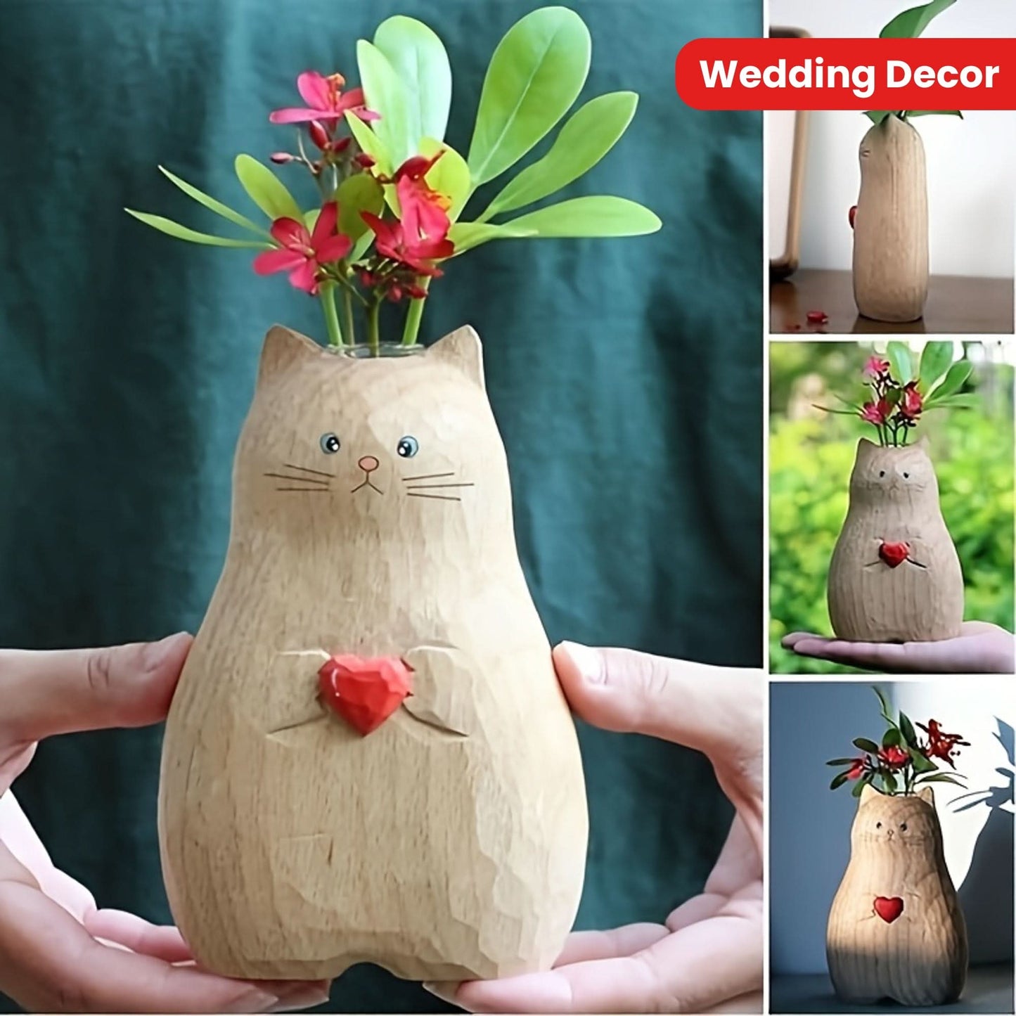 Cute Cat-Shaped Resin Vase – Heart Design Flower Planter
