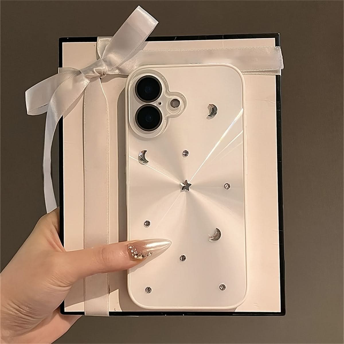 3D Glitter Moon Stars iPhone Case-White