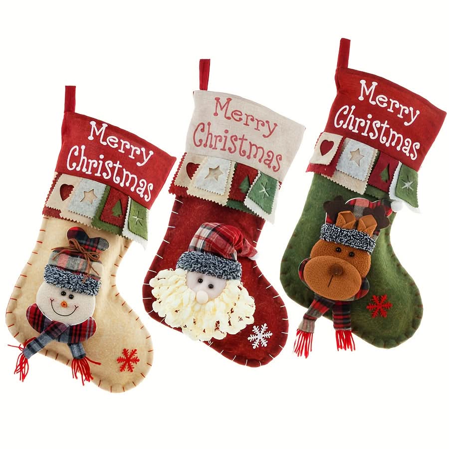 3pcs Large Christmas Stockings – Santa, Snowman & Reindeer Holiday Decor