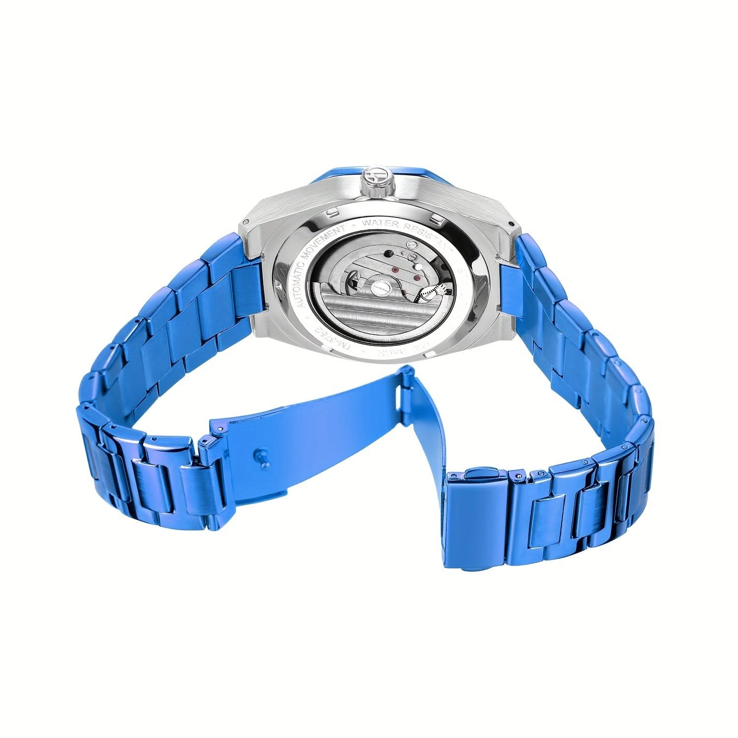 Men's Blue Skeleton Automatic Watch – Stainless Steel, Luminous Hands