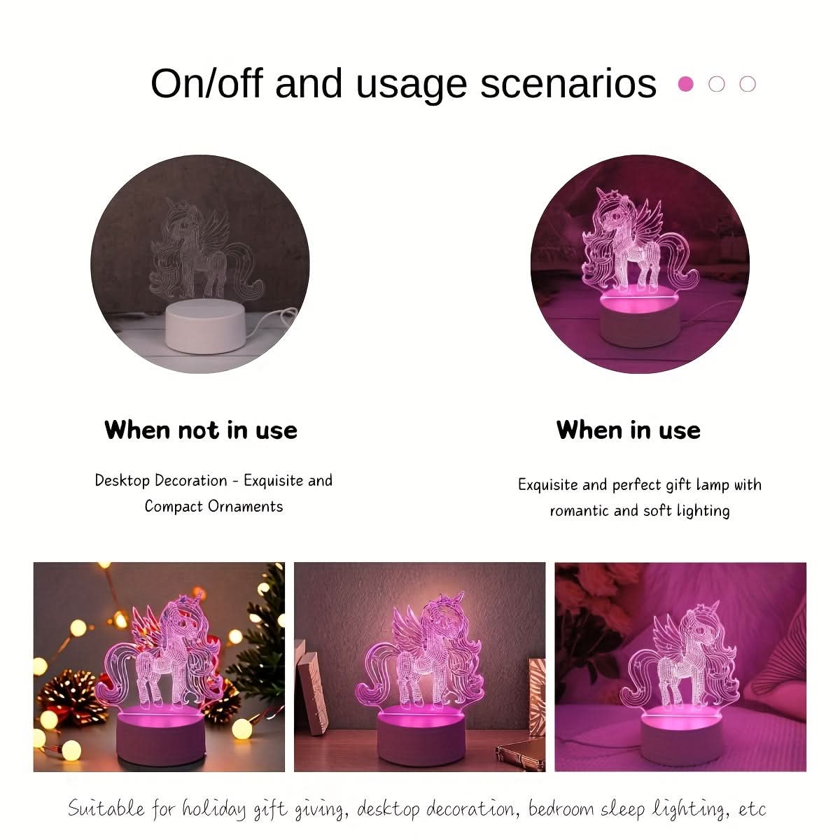 3D Unicorn Night Light - USB Powered Pink LED Lamp