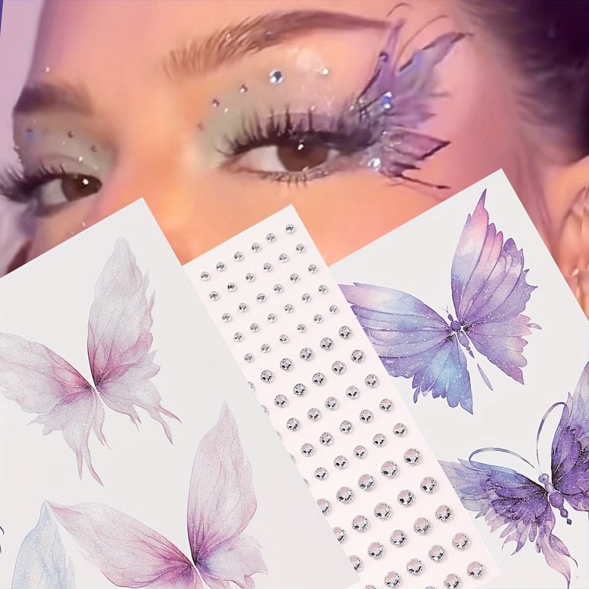 3pc Purple Butterfly Glitter Tattoo Stickers –  3D Diamond Face Decoration Set