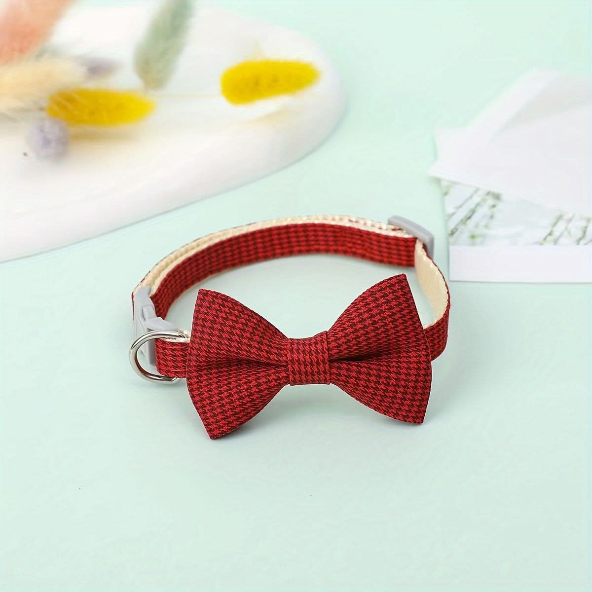 Adjustable Plaid Cat Collar with Bow Tie