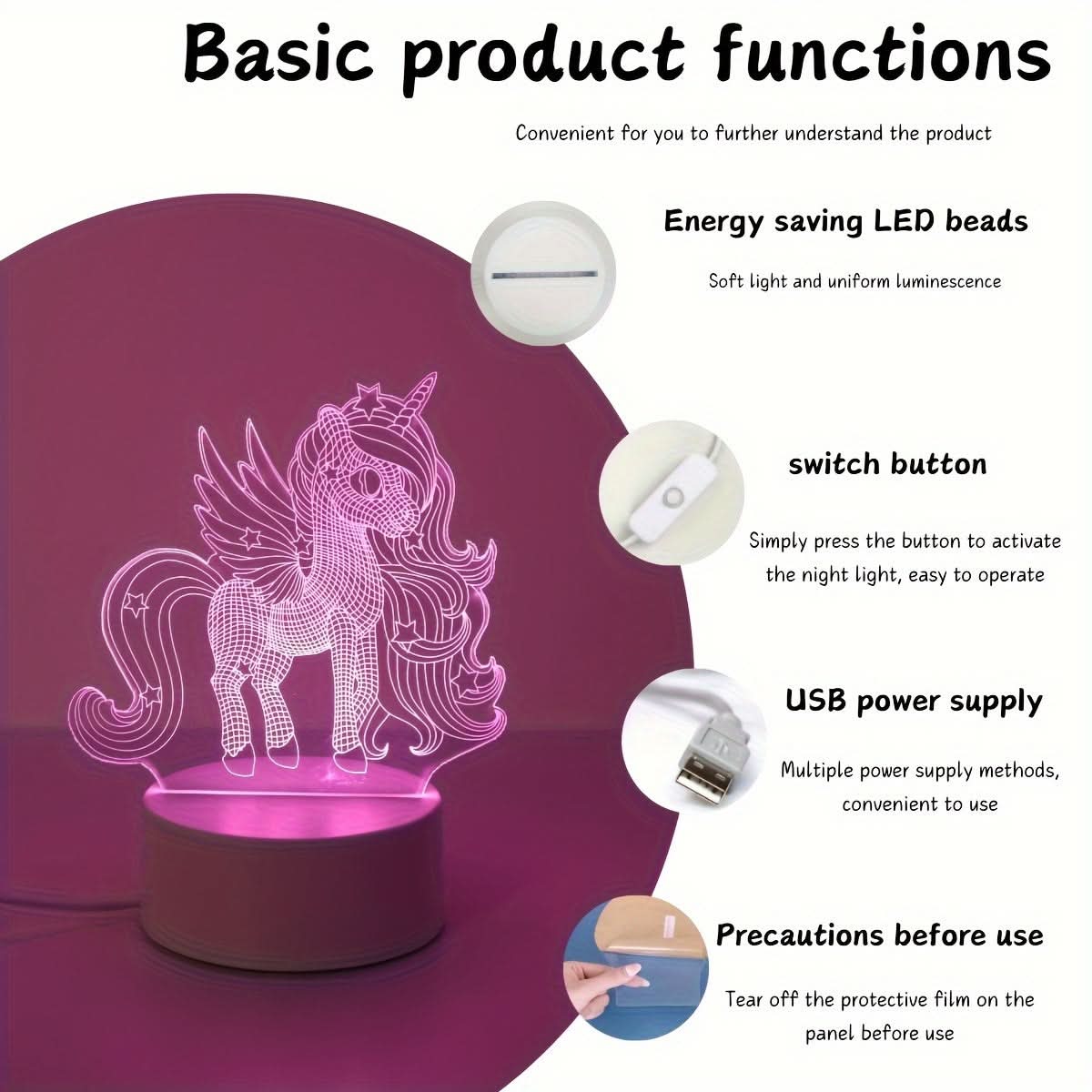 3D Unicorn Night Light - USB Powered Pink LED Lamp