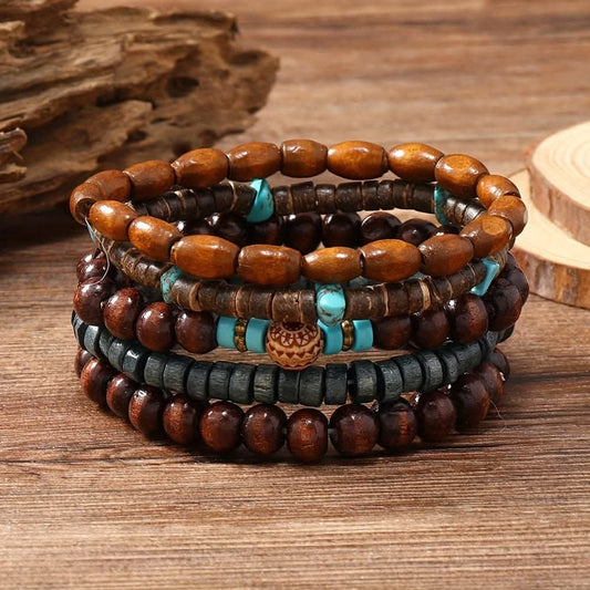 5 pcs. Vintage Wood Beaded Charm Bracelets