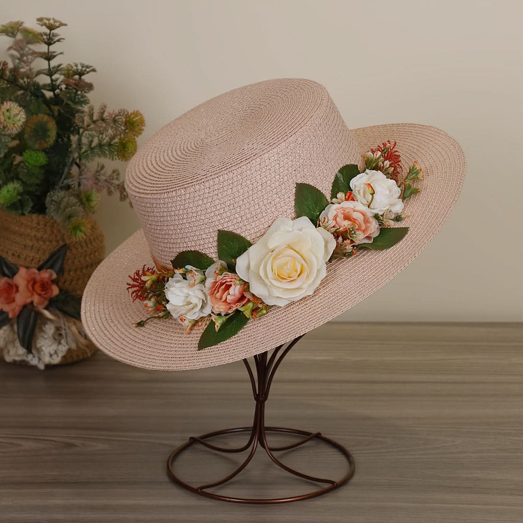 Women's Straw Fedora Hat with Rose Detail – Breathable Sun Protection