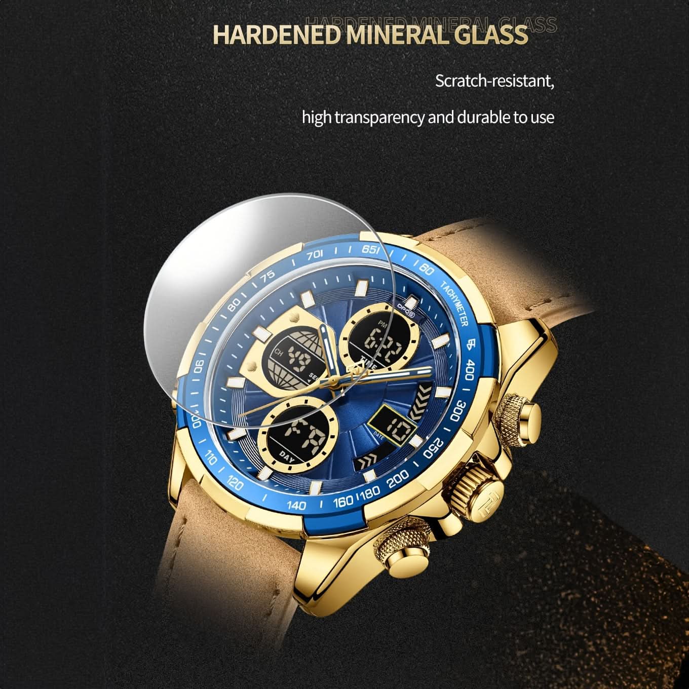 Men's Sports Dual Display Quartz Watch, Waterproof, Leather Strap