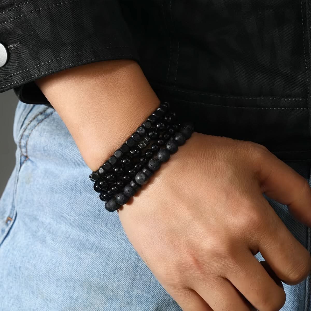 Men's Natural Stone Bead Bracelet Set - 4pcs