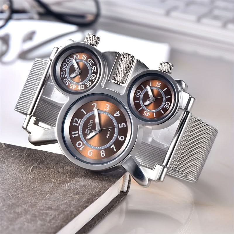 Men’s Multi-Time Zone Quartz Watch – 3 Dials, Stainless Steel Mesh Band