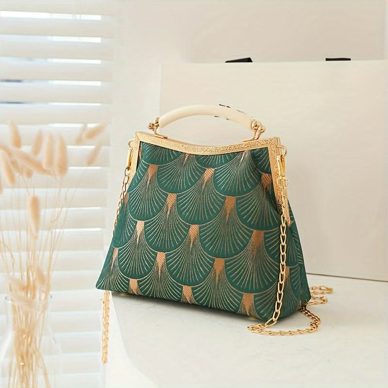 Vintage Embroidered Frame Clutch, Pearl Chain Strap