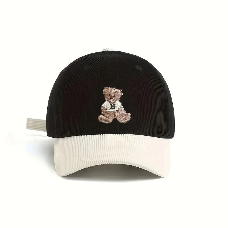 Unisex Corduroy Baseball Cap with Embroidered Bear