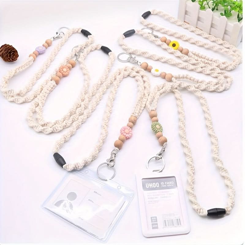 Linen Lanyard with Wooden Beads & Flower Charm
