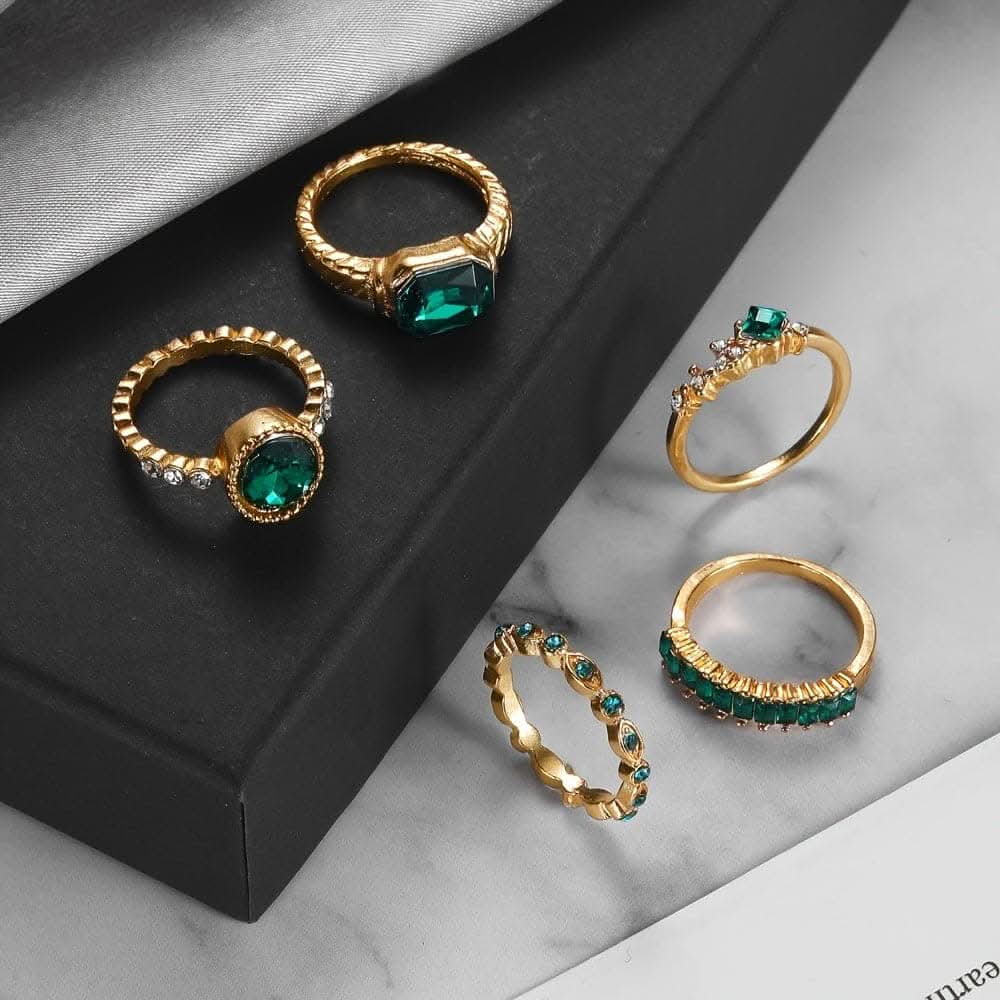 Green Rhinestone Ring Set – 5-Piece Geometric Design