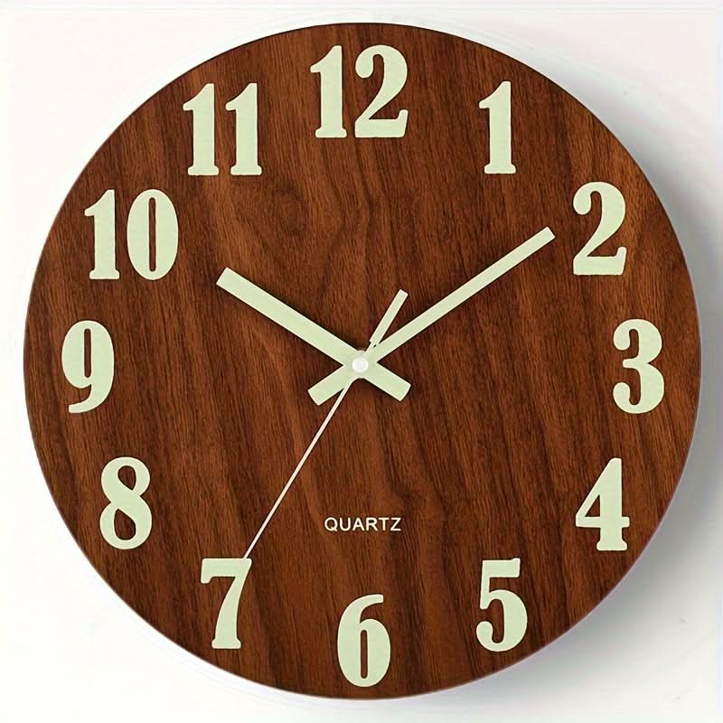 12-Inch Silent Glow-in-the-Dark Wooden Wall Clock