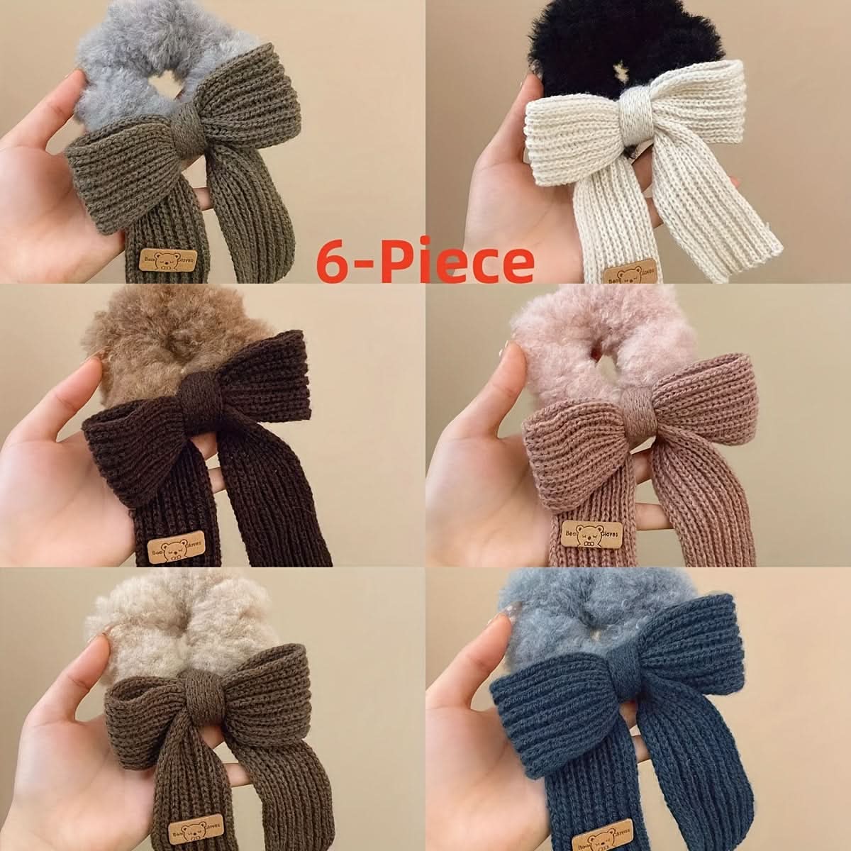 6PCS Knitted Fluffy Bow Hair Ties Set