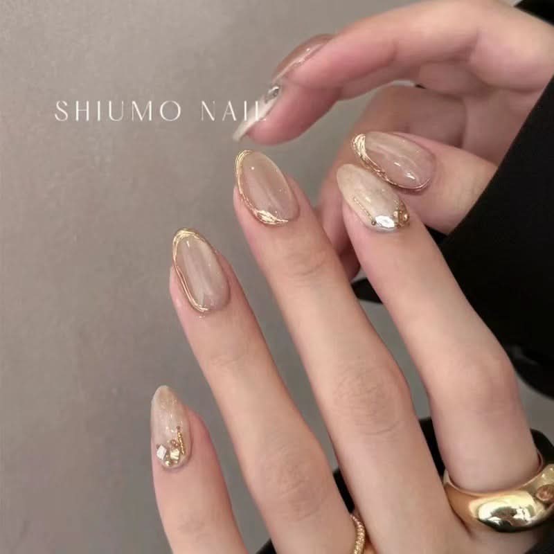 10 Pcs Almond-Shaped Press-On Nails – Golden & Silver Handmade Reusable Nails