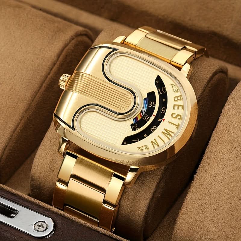 Men’s U-Shaped Digital Quartz Watch – Stainless Steel Band, Date & Stopwatch